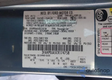 2012 Ford Fusion Sel from USA, damaged, VIN 3FAHP0JA5CR174758